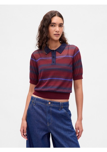 Kadın Kırmızı Şeffaf Kısa Polo Kazak