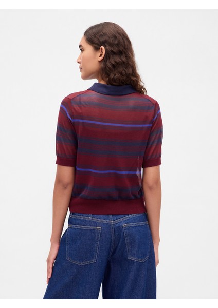 Kadın Kırmızı Şeffaf Kısa Polo Kazak fırsatları