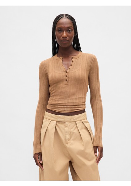 Kadın Koyu Bej Transparan Fitilli Henley Kazak