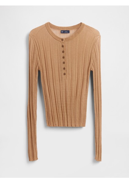 Kadın Koyu Bej Transparan Fitilli Henley Kazak fiyatları