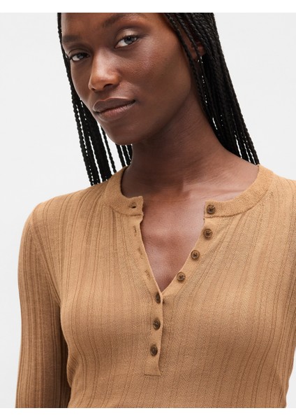 Kadın Koyu Bej Transparan Fitilli Henley Kazak modelleri