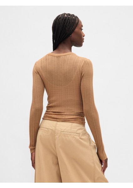 Kadın Koyu Bej Transparan Fitilli Henley Kazak fırsatları