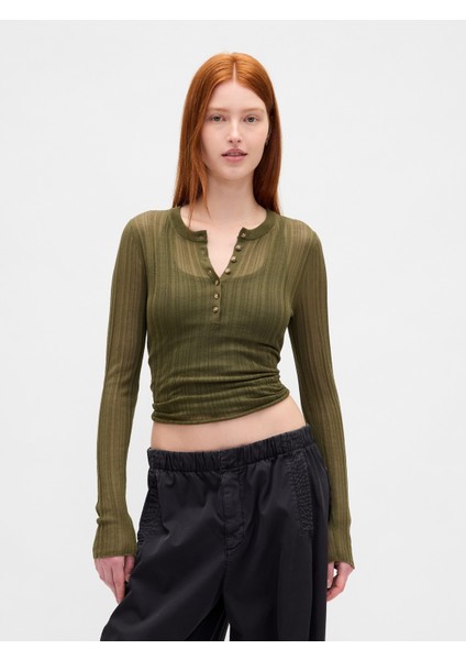 Kadın Yeşil Transparan Fitilli Henley Kazak