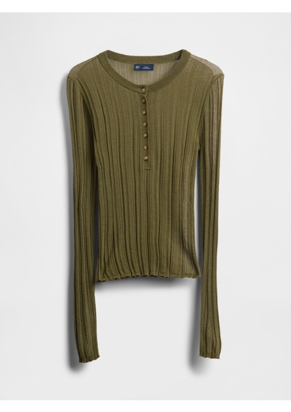 Kadın Yeşil Transparan Fitilli Henley Kazak fiyatları