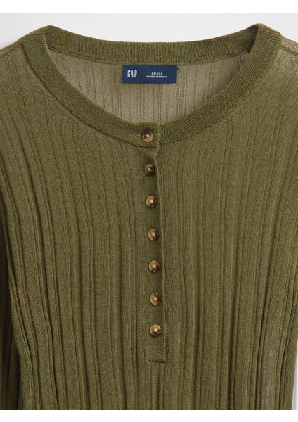 Kadın Yeşil Transparan Fitilli Henley Kazak modelleri