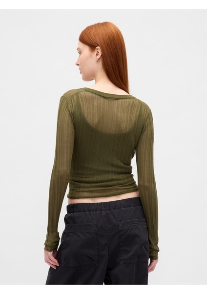 Kadın Yeşil Transparan Fitilli Henley Kazak fırsatları