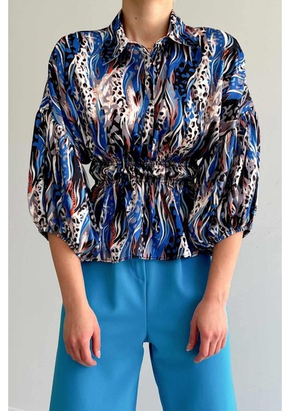 Beli Lastikli Saten Gömlek - Mavi modelleri