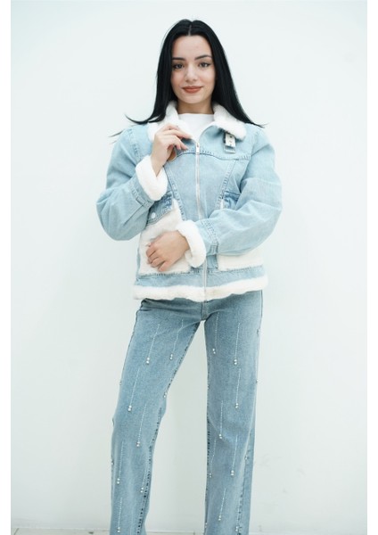 Peluş Detay Kot Ceket