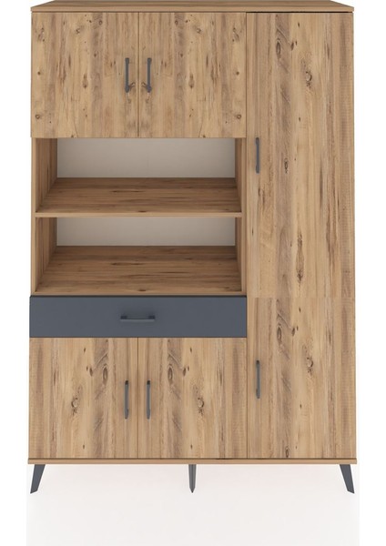 Hyperion Dolap 10 Raflı Tek Çekmeceli 6 Kapaklı 132X44X195 Çam-Çam/antrasit