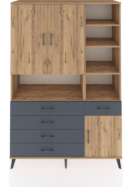 Hyperion Dolap 8 Raflı 5 Çekmeceli 3 Kapaklı 132X44X195 Çam-Çam/antrasit