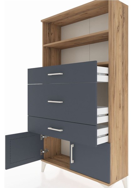 Arges Dolap 2 Raflı 3 Çekmeceli 2 Kapaklı 88X30X163 Çam-Antrasit indirimleri