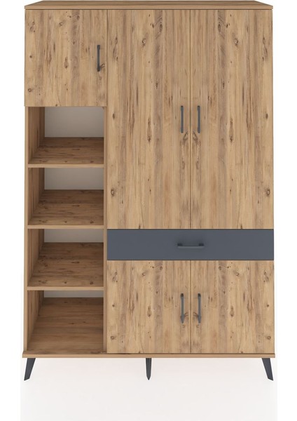 Hyperion Dolap 8 Raflı Tek Çekmeceli 5 Kapaklı 132X44X195 Çam-Çam/antrasit