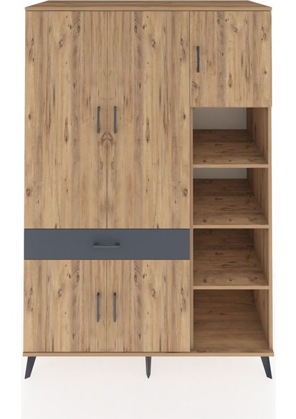 Kronos Dolap 10 Raflı Tek Çekmeceli 5 Kapaklı 132X59X195 Çam-Çam/antrasit
