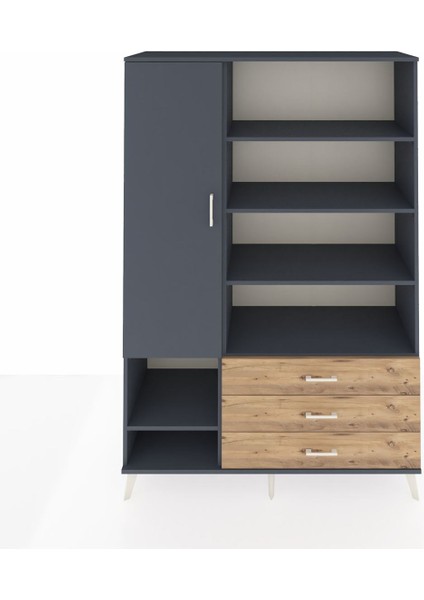 Hyperion Dolap 9 Raflı 3 Çekmeceli Tek Kapaklı 132X44X195 Antrasit-Antrasit/çam