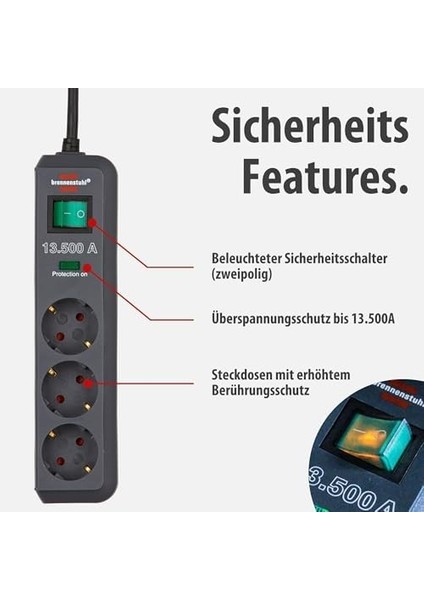 Eco-, 3'lü Çoklu Priz, Yüksek Gerilim Korumalı (Anahtarlı Çoklu Priz ve 1,5 M Kablolu - Özellikle Enerji Tasarruflu), modelleri
