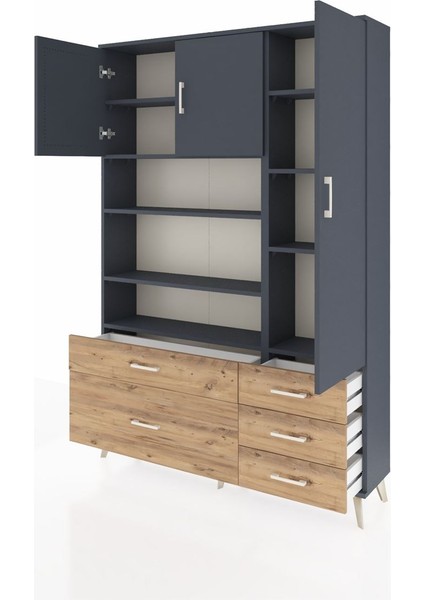 Arges Dolap 9 Raflı 5 Çekmeceli 3 Kapaklı 132X30X195 Antrasit-Antrasit/çam modelleri