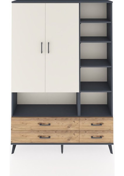 Arges Dolap 10 Raflı 4 Çekmeceli 2 Kapaklı 132X30X195 Antrasit-Aytaşı/çam