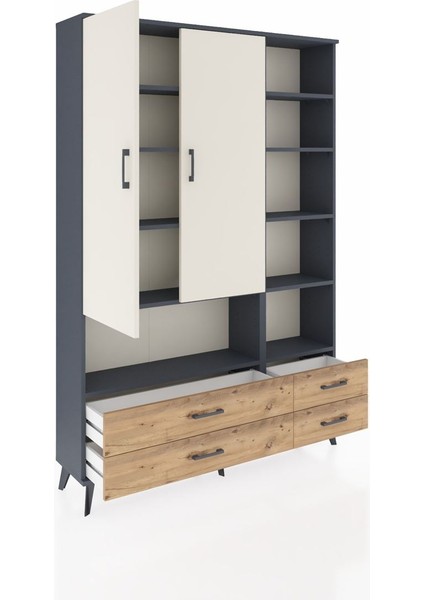 Arges Dolap 10 Raflı 4 Çekmeceli 2 Kapaklı 132X30X195 Antrasit-Aytaşı/çam indirimleri