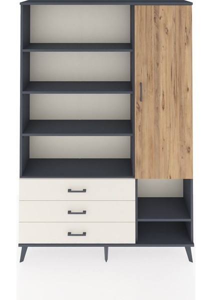 Arges Dolap 9 Raflı 3 Çekmeceli Tek Kapaklı 132X30X195 Antrasit-Çam/aytaşı