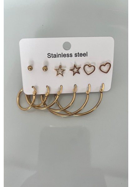 12'li Mega Paslanmaz Çelik Küpe Seti - 3 Boy Halka ve Sembolik Stud Kombini