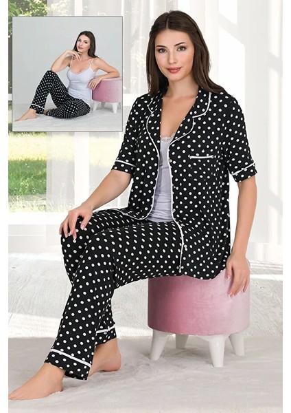 Lady Puantiyeli Viskon Kumaş Kısa Kollu Gömlekli ve Askılı 3 Lü Pijama Takımı