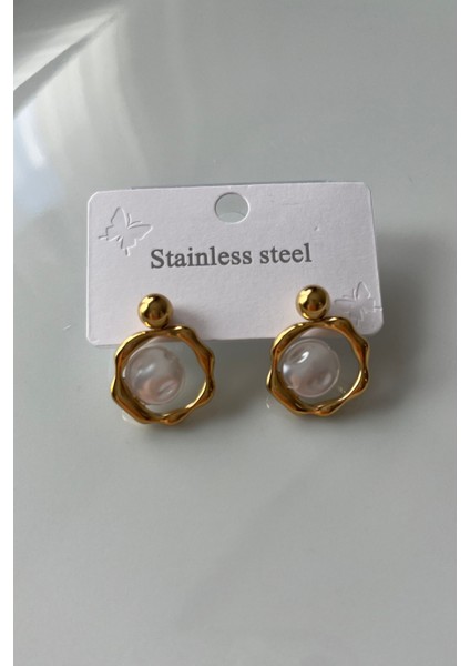 Paslanmaz Çelik Dalgalı Çerçeveli Inci Küpe