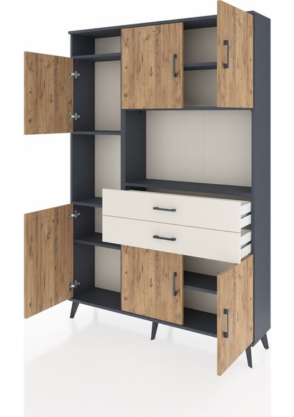 Arges Dolap 8 Raflı 2 Çekmeceli 6 Kapaklı 132X30X195 Antrasit-Çam/aytaşı modelleri