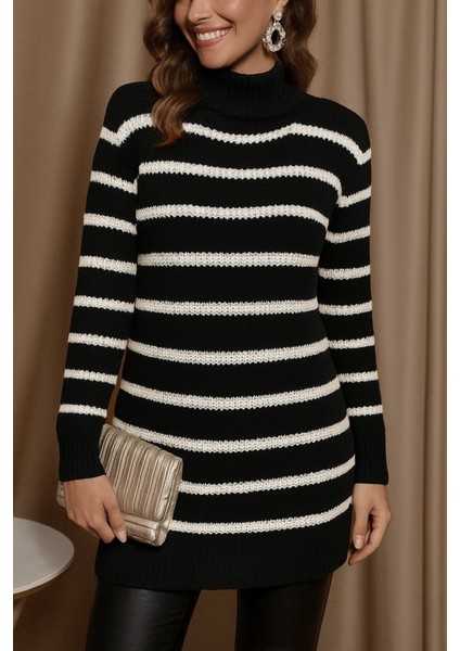 Kadın Uzun Kollu Degaje Yaka Çizgili Sonya Iplik Mini Boy Triko Elbise (Kemersiz)