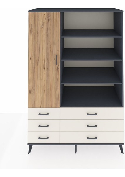 Kronos Dolap 8 Raflı 6 Çekmeceli Tek Kapaklı 132X59X195 Antrasit-Çam/aytaşı