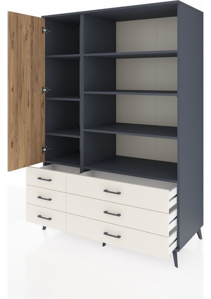 Kronos Dolap 8 Raflı 6 Çekmeceli Tek Kapaklı 132X59X195 Antrasit-Çam/aytaşı modelleri