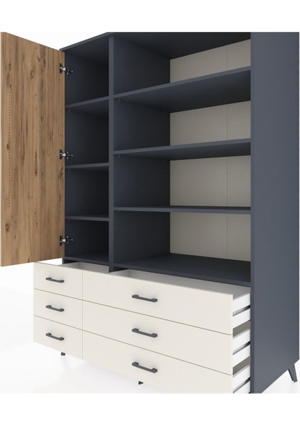 Kronos Dolap 8 Raflı 6 Çekmeceli Tek Kapaklı 132X59X195 Antrasit-Çam/aytaşı fırsatları