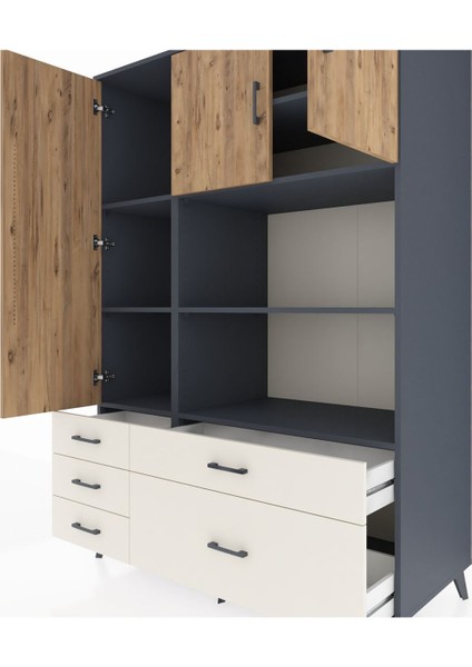 Kronos Dolap 7 Raflı 5 Çekmeceli 3 Kapaklı 132X59X195 Antrasit-Çam/aytaşı fırsatları