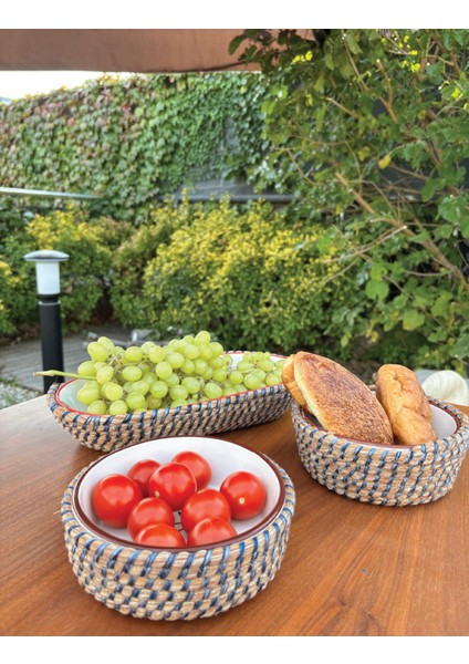 Kiraz Desenli Hasır Görünümlü 3’lü Sunum Seti – Leke Tutmaz- El Yapımı, Şık Sofra Takımı