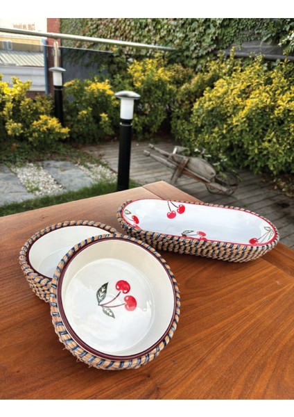 Kiraz Desenli Hasır Görünümlü 3’lü Sunum Seti – Leke Tutmaz- El Yapımı, Şık Sofra Takımı fiyatları