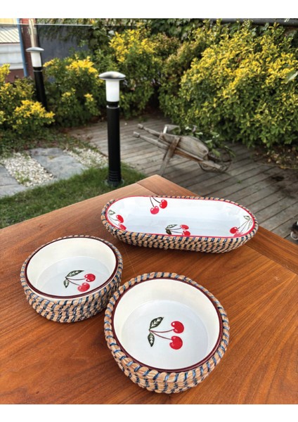 Kiraz Desenli Hasır Görünümlü 3’lü Sunum Seti – Leke Tutmaz- El Yapımı, Şık Sofra Takımı fırsatları