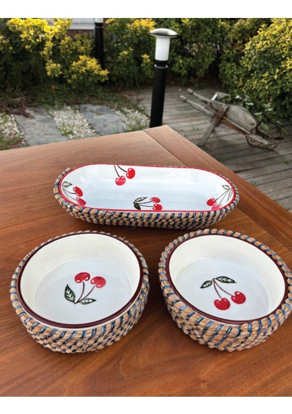 Kiraz Desenli Hasır Görünümlü 3’lü Sunum Seti – Leke Tutmaz- El Yapımı, Şık Sofra Takımı