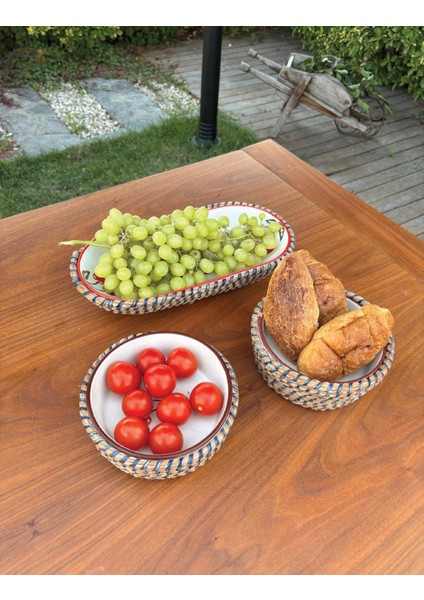 Kiraz Desenli Hasır Görünümlü 3’lü Sunum Seti – Leke Tutmaz- El Yapımı, Şık Sofra Takımı