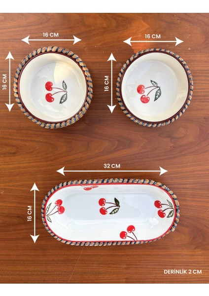 Kiraz Desenli Hasır Görünümlü 3’lü Sunum Seti – Leke Tutmaz- El Yapımı, Şık Sofra Takımı