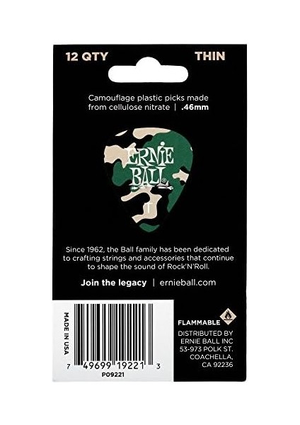 Ernie Ball P09221 Kamuflaj Selüloz Ince Seçtikleri, 12'li Çanta fiyatları