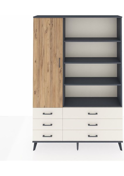 Arges Dolap 8 Raflı 6 Çekmeceli Tek Kapaklı 132X30X195 Antrasit-Çam/aytaşı