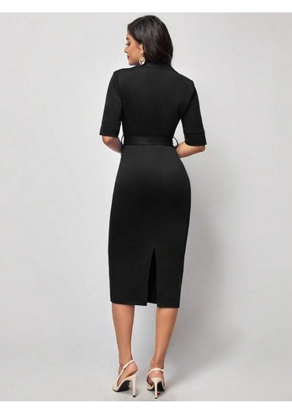 Kadın Kısa Kollu Yakalı Kruvaze Yakalı Beli Kemerli Midi Modal Elbise fırsatları