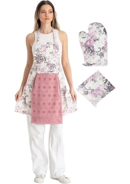 Havlulu Mutfak Önlüğü Fırın Eldiveni ve Tutacak Gülkurusu