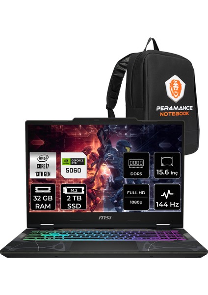Msı Cyborg 15 Intel Core I7 13620H 32GB 2tb SSD RTX5060/8GB 15.6" Fhd 144Hz Fdos Taşınabilir Bilgisayar & Per4 Çanta B13WFKG490XTRP322