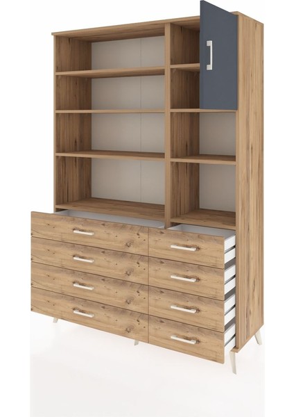 Hyperion Dolap 8 Raflı 8 Çekmeceli Tek Kapaklı 132X44X195 Çam-Antrasit/çam modelleri