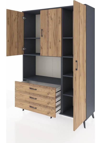 Hyperion Dolap 7 Raflı 3 Çekmeceli 3 Kapaklı 132X44X195 Antrasit-Çam/çam modelleri