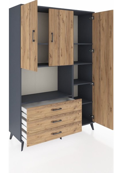 Hyperion Dolap 7 Raflı 3 Çekmeceli 3 Kapaklı 132X44X195 Antrasit-Çam/çam indirimleri