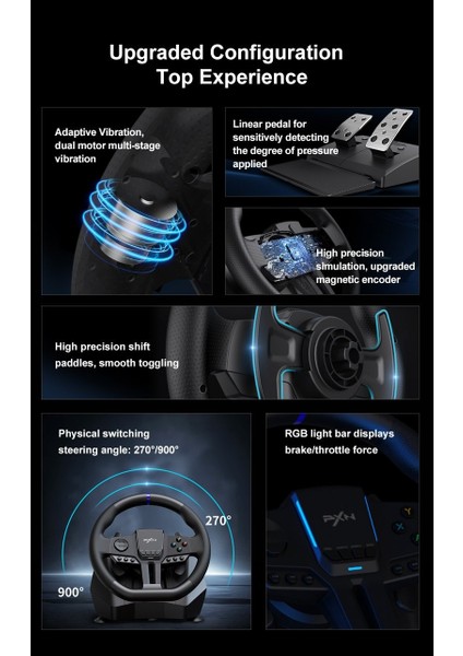 Direksiyon Seti – 900° Dönüş, Çift Motorlu Titreşim, 16-Bit Manyetik Encoder, Rgb Işıklı Geri Bildirim, Hall Sensörlü Metal Pedal, Pc Ps4 Xbox Uyumlu Gerçek Sürüş Deneyimi Pxn V900 Gen2 modelleri