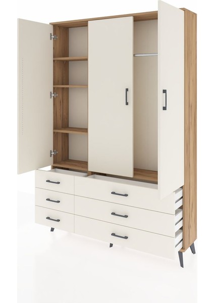 Arges Dolap 5 Raflı 6 Çekmeceli Tek Askılı 132X30X195 Çam-Aytaşı/aytaşı modelleri