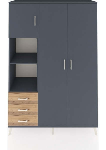 Hyperion Dolap 6 Raflı 3 Çekmeceli Tek Askılı 132X44X195 Antrasit-Antrasit/çam