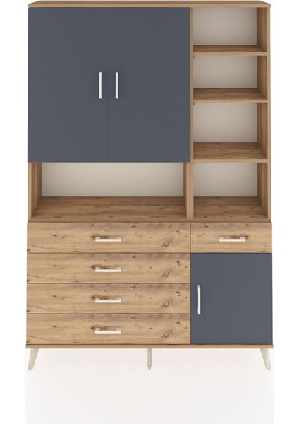 Arges Dolap 8 Raflı 5 Çekmeceli 3 Kapaklı 132X30X195 Çam-Antrasit/çam